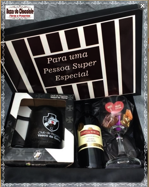 e- Caixa Vasco Caneca Vinho Taça e Chocolates