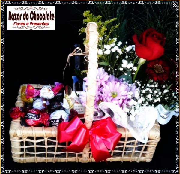 b-Cestinha com Arranjo Vinho e Chocolates da Cacau Show