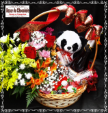 g-Cesta Panda com Arranjo 3 Rosas Espumante Taças e Trufas da Cacau Show