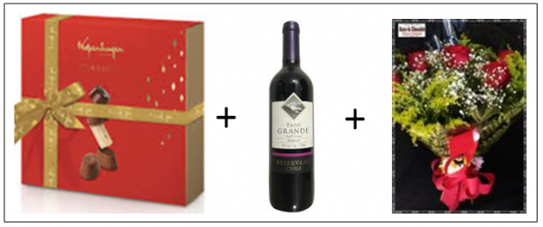 a5-Buquê 6 Rosas com Cx Bombons Kopenhagen e Vinho Chileno Paso Grande